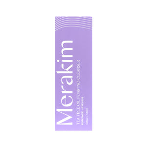The Merakim Tea Tree Oil Foam Facial Cleanser (120mL) features a purple rectangular packaging with For Acne Prone in white. Wavy lines enhance its appeal, while Tea Tree Oil soothes eye inflammation and irritations.