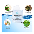 Visual of TearRestore HylaWipe Tea Tree Lid Hygiene Wipes (30ct) package displaying its hydrating ingredients: hyaluronic acid, green tea extract, tea tree oil, and aloe leaf water. Each element is skillfully illustrated and interconnected to highlight TearRestores dedication to eyelid hygiene.