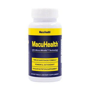 A bottle of MacuHealth Triple Carotenoid Formula for Adults, an eye vitamin supplement, features Micro-Micelle™ Technology with Triple Carotenoid Formula, Powerful Antioxidant, and supports macular pigment health. Each bottle contains 90 softgels—a 3-month supply.