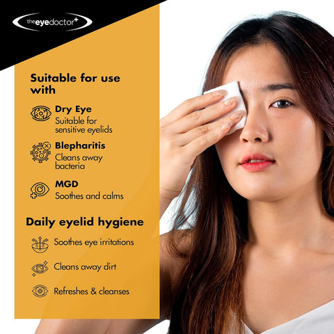 A woman gently uses The Eye Doctor Biodegradable Eyelid Wipes for Eyelid Cleaning 20ct to soothe her eye. Text beside her emphasizes the wipes effectiveness for dry eyes, blepharitis, MGD, and daily eyelid hygiene, offering both comfort and eco-friendly care.