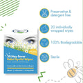 Experience soothing relief for allergy-prone eyes with The Eye Doctor Allergy/Hay Fever Relief Eyelid Wipes. This pack contains 20 individually wrapped biodegradable wipes, free from preservatives and detergents, effectively removing pollen and allergens. Decorated with charming abstract bee designs.