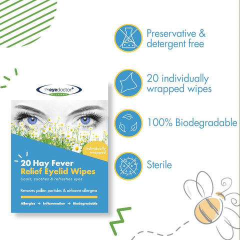 Experience soothing relief for allergy-prone eyes with The Eye Doctor Allergy/Hay Fever Relief Eyelid Wipes. This pack contains 20 individually wrapped biodegradable wipes, free from preservatives and detergents, effectively removing pollen and allergens. Decorated with charming abstract bee designs.