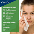 A person gently wipes their eye with a cloth. A green panel highlights the benefits of The Eye Doctor Tea Tree Oil Lid Wipes: perfect for Dry Eye Disease, Blepharitis, MGD, and Demodex. It offers daily eyelid care tips—Cleanse, Refresh, Soothe.