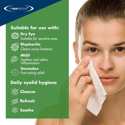 A person gently wipes their eye with a cloth. A green panel highlights the benefits of The Eye Doctor Tea Tree Oil Lid Wipes: perfect for Dry Eye Disease, Blepharitis, MGD, and Demodex. It offers daily eyelid care tips—Cleanse, Refresh, Soothe.