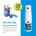 The image displays the ZEISS Fog Defender System Anti-Fog Spray packaging, featuring a spray bottle and microfiber cloth. Highlighting up to 72 hours of anti-fog protection for lenses, Lift the fog in bold text conveys the products purpose and effectiveness against foggy glasses.