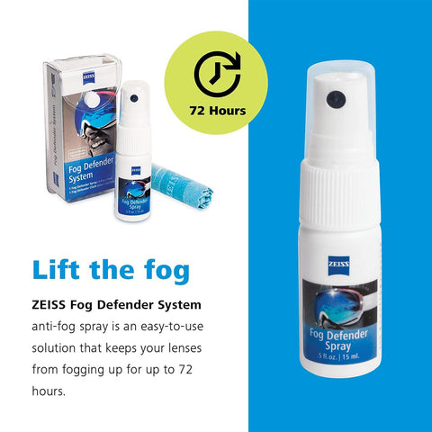 The image displays the ZEISS Fog Defender System Anti-Fog Spray packaging, featuring a spray bottle and microfiber cloth. Highlighting up to 72 hours of anti-fog protection for lenses, Lift the fog in bold text conveys the products purpose and effectiveness against foggy glasses.
