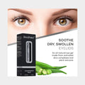 A womans eyes next to a boxed tube of Zoculars ZocuShield Gel Eyelid Cleanser (100+ applications). Text reads: Soothe dry, swollen eyelids with this all-natural gel made from activated okra complexes and plant extracts. Fresh okra pods are also shown in the image.