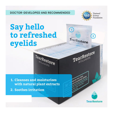 Introducing the TearRestore HylaWipe Tea Tree Lid Hygiene Wipes (30ct). Refresh your eyelids with hydrating wipes infused with natural plant extracts to cleanse, moisturize, soothe irritation, and boost hygiene. Features NSF approval seal and TearRestore logo.
