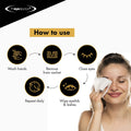 A woman presses a cloth to her eyes; instructions around her say: wash hands, remove from sachet, close eyes, and clean eyelids and lashes. The Eye Doctor Biodegradable Eyelid Wipes for Eyelid Cleaning 20ct are recommended for daily use.
