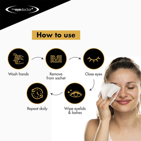 A woman presses a cloth to her eyes; instructions around her say: wash hands, remove from sachet, close eyes, and clean eyelids and lashes. The Eye Doctor Biodegradable Eyelid Wipes for Eyelid Cleaning 20ct are recommended for daily use.
