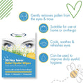 Packaging for The Eye Doctor Allergy/Hay Fever Relief Eyelid Wipes (20ct) highlights blue eyes, promoting its cooling, refreshing benefits. These biodegradable wipes gently remove pollen, aiding in allergy-prone eyes hygiene, and are perfect for home or travel.