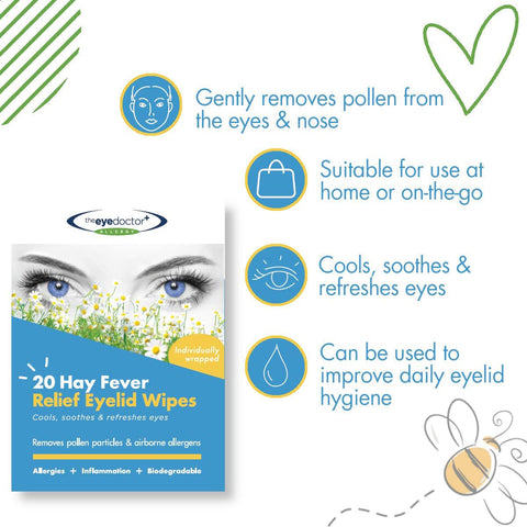 Packaging for The Eye Doctor Allergy/Hay Fever Relief Eyelid Wipes (20ct) highlights blue eyes, promoting its cooling, refreshing benefits. These biodegradable wipes gently remove pollen, aiding in allergy-prone eyes hygiene, and are perfect for home or travel.
