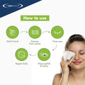 A smiling woman wipes her eyes with The Eye Doctor Tea Tree Oil Lid Wipes for Daily Hygiene and Dry Eyes (20ct). The image shows the steps: wash hands, remove from sachet, close eyes, wipe eyelids & lashes, repeat daily. Icons illustrate each step with visible branding.