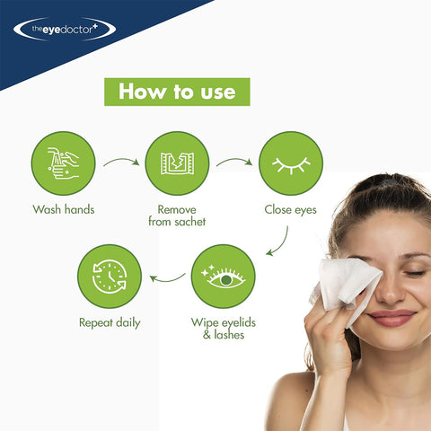 A smiling woman wipes her eyes with The Eye Doctor Tea Tree Oil Lid Wipes for Daily Hygiene and Dry Eyes (20ct). The image shows the steps: wash hands, remove from sachet, close eyes, wipe eyelids & lashes, repeat daily. Icons illustrate each step with visible branding.