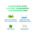 Green and blue text reads, Formulated with natural ingredients for sensitive skin. Featured are four components: Anti-Inflammatory Tea Tree Leaf Oil for soothing eyelid hygiene, Moisturizing Hyaluronic Acid, Aloe Vera, and Chamomile. Each component includes corresponding images. Optase Tea Tree Oil Eyelid Wipes - Preservative Free wipes Box of 20.