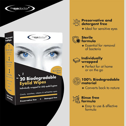 The Eye Doctors Biodegradable Eyelid Wipes for Eyelid Cleaning 20ct highlight their dedication to eyelid hygiene with a preservative-free, sterile formula. Individually wrapped, 100% biodegradable, and rinse-free, they are perfect for sensitive eyes and their key benefits are clearly displayed on the box.
