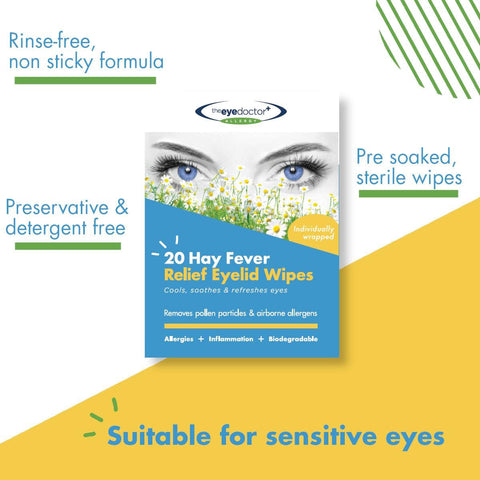 The Eye Doctor Allery/Hay Fever Relief Eyelid Wipes (20ct) come in a light blue and yellow design with green dashed lines, perfect for allergy-prone and sensitive eyes. Benefits highlighted include being non-sticky and preservative-free.