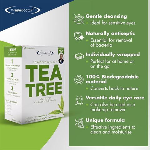 Discover The Eye Doctor Tea Tree Oil Lid Wipes, crafted for gentle cleansing with a naturally antiseptic formula. Ideal for daily eyelid care, these 20 individually wrapped wipes are made from 100% biodegradable material.