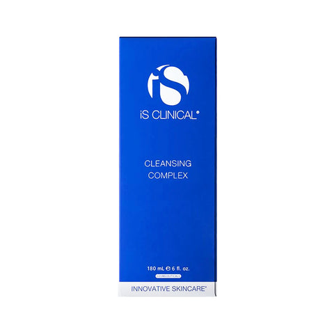 The blue rectangular box, showcasing the iS Clinical logo and Cleansing Complex text, is perfect for blemish-prone skin. It has 180 mL (6 fl. oz.) at the bottom with Innovative Skincare, and its minimalist design highlights its use as a professional facial cleansing gel.