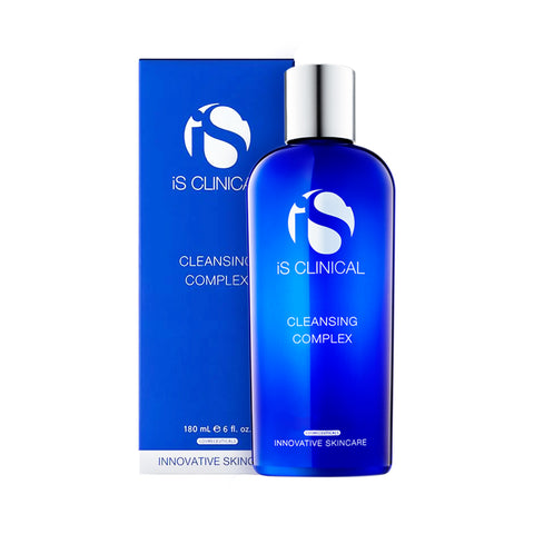 A blue iS Clinical Cleansing Complex bottle with a silver cap, ideal for blemish-prone skin and maintaining post-facial glow, is shown with its matching box. The brand logo and name iS Clinical Cleansing Complex for Resurfacing, Clearing and Deep Cleaning of Skin (2 Sizes) are visible.