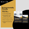 The packaging for The Eye Doctors Biodegradable Eyelid Wipes for Eyelid Cleaning 20ct features blue eye graphics on a sleek black and white box, highlighting benefits such as being fully biodegradable, not requiring recycling, and promoting eyelid hygiene with minimal environmental impact.