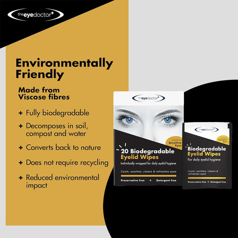 The packaging for The Eye Doctors Biodegradable Eyelid Wipes for Eyelid Cleaning 20ct features blue eye graphics on a sleek black and white box, highlighting benefits such as being fully biodegradable, not requiring recycling, and promoting eyelid hygiene with minimal environmental impact.