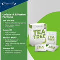 Eyelid hygiene is prioritized with The Eye Doctor Tea Tree Oil Lid Wipes, containing tea tree oil, argan oil, micellar water, and coconut oil for antibacterial benefits and natural skin conditioning. Packaged beautifully with the brand logo on the top left.