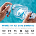 A person holds Zeiss’s Fog Defender System Anti-Fog Spray with snorkeling goggles. The text below highlights its compatibility with eyeglasses, sunglasses, binoculars, camera lenses, swim goggles, and ski goggles. The background features a blue and white color scheme.