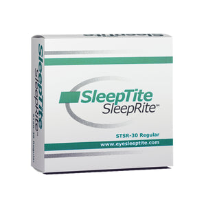 Box of SleepTite, SleepRite by Ophthalmic Resources Partners with a green and gray design featuring STSR-30 Regular and www.eyesleeptite.com, includes a curved line graphic to highlight its hypoallergenic lid seals, ideal for preventing dry eye symptoms.