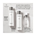 Image of the RevitaLash Volumizing Hair Collection Bundle on a light background, featuring Shampoo, Conditioner, and Foam. Text: Volumizing regimen for fine & thinning hair.