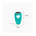 The We Love Eyes Focused Eye Roll is a turquoise gadget resembling an eye roller with heart adornments, measuring 25mm in width and 43mm in height. It has a rectangular body, curved top, and stainless steel finish casting a shadow to the left on a white background.