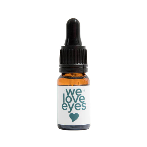 A 10mL small amber dropper bottle with a black cap and pipette, labeled We Love Eyes with a heart symbol. Named Lashfull Thinkin Lash + Brow Follicle Oil, its perfect for nourishing eyelashes and eyebrows. The plain white background highlights its simple elegance.
