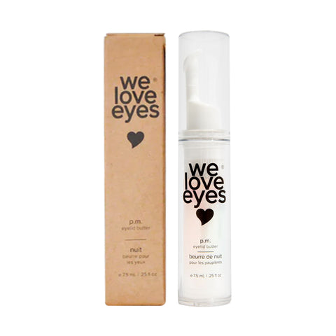 A 7.5ml We Love Eyes P.M. Eyelid Butter bottle with a white pump and black text, ideal for reducing TEWL and fine lines, sits next to its brown cardboard packaging adorned with a heart symbol.