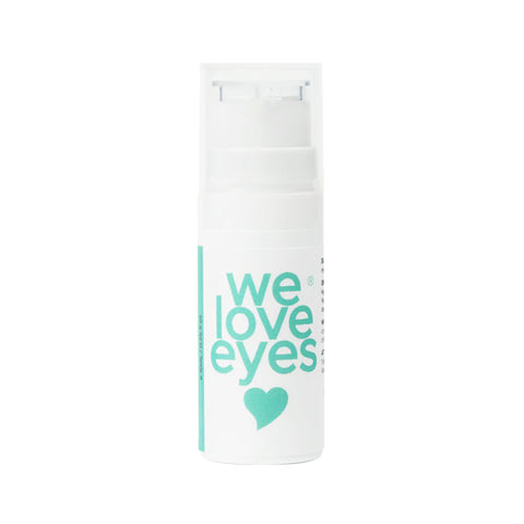 The We Love Eyes Shrubtox Active Hyaluronic Eye Glass comes in a 10mL white cylindrical bottle with a teal heart, we love eyes text, clear cap, and teal side stripe. Designed to support eyelid skin barrier health, it helps reduce fine lines and wrinkles.