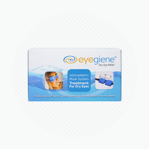 The image shows a box labeled EyeGiene Starter System, featuring an eye mask and 10 pairs of warming inserts. It highlights the EyeGiene Instant Heating system for dry eyes, with a blue and white background, plus a photo of someone enjoying relief from meibomian gland dysfunction.