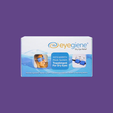 The EyeGiene Starter System, containing 1 mask and 10 pairs of inserts, rests against a purple backdrop. The packaging highlights its Insta-Warmth capability for dry eye relief and treating meibomian gland dysfunction using Instant Heating technology.