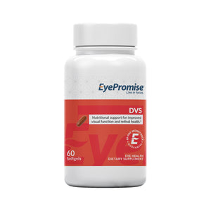 The EyePromise DVS Eye Vitamin, designed for diabetic retinopathy and retinal support, comes in a white bottle with a red and white label. It contains 60 softgels providing essential vitamin E for visual function, boasting a money-back guarantee seal.
