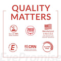 The image showcases text and icons that underscore quality, featuring EyePromise DVS Eye Vitamin for retinal health and diabetic retinopathy. It highlights dietary zeaxanthin, doctor trust, U.S. manufacturing, a 60-day money-back guarantee, CRN membership, and gluten-free assurance with the main text “Quality Matters.”.