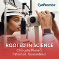 An optometrist uses specialized equipment for an eye exam. The image shows EyePromise DVS Eye Vitamin at the top and Rooted in Science. Clinically Proven. Patented. Guaranteed for Retinal Health. at the bottom, supporting retinal health in diabetic retinopathy patients.