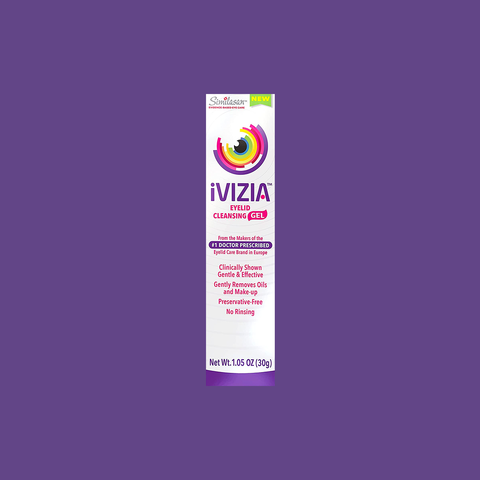 Theas iVIZIA Eyelid Cleansing Gel, shown on a purple background, is gentle, effective, and clinically proven to remove oils and makeup. Ideal for sensitive eyelids, this ophthalmologist-tested 1.05 oz tube is preservative-free and requires no rinsing.