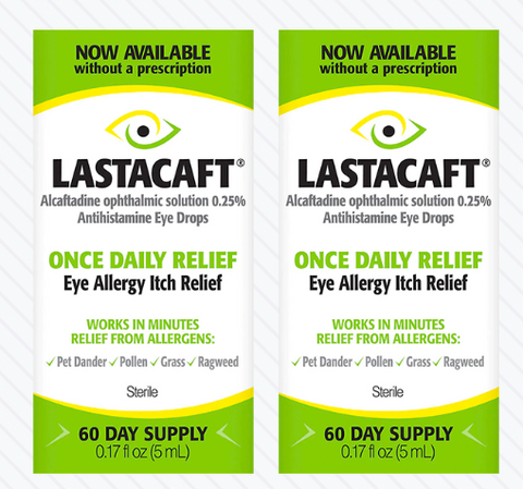 The image shows two boxes of Abbvies Lastacaft Once Daily Eye Allergy Itch Relief Drops (2 x 5mL Bottles) 2-Pack, available without a prescription. The packaging promises fast relief from allergens like pet dander, pollen, grass, and ragweed for effective eye allergy relief.