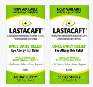 The image shows two boxes of Abbvies Lastacaft Once Daily Eye Allergy Itch Relief Drops (2 x 5mL Bottles) 2-Pack, available without a prescription. The packaging promises fast relief from allergens like pet dander, pollen, grass, and ragweed for effective eye allergy relief.