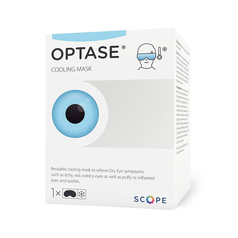 The Optase Cooling Mask for Allergies and Puffy Eyes box features a striking blue eye graphic to highlight its dry eye relief using HydroCool™ Technology, which effectively soothes itchiness and puffiness. The Optase logo is elegantly placed at the bottom right.