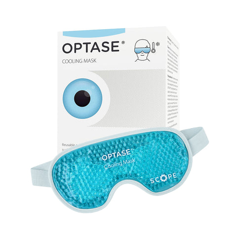A turquoise Optase Cooling Mask for Allergies and Puffy Eyes (Re-Usable) with gel beads using HydroCool™ Technology lies next to its white and blue box, showcasing an illustration of someone wearing the mask along with the product name.