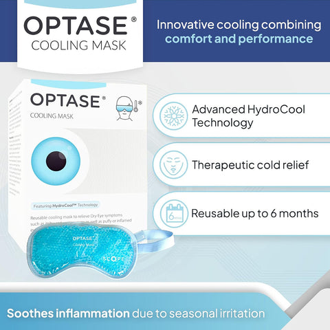 Image of Optase Cooling Mask for Allergies and Puffy Eyes package featuring an eye illustration and a blue gel mask. The text emphasizes HydroCool™ Technology for cold relief and soothing inflammation from seasonal irritation. Its re-usable for up to 6 months, offering effective dry eye relief.