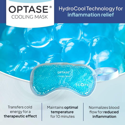 The Optase Cooling Mask for Allergies and Puffy Eyes, by Optase, features gel beads with HydroCool™ Technology. It effectively relieves inflammation and dry eyes by maintaining cold energy for 10 minutes, normalizing blood flow through superior cooling therapy. Ideal for puffy eyes.