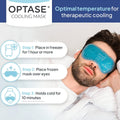 A man relaxes with an Optase Cooling Mask for Allergies and Puffy Eyes on his eyes, using HydroCool™ Technology. Instructions: 1. Freeze for 1 hour, 2. Place over eyes, 3. Get relief as it stays cold for 10 minutes (max 20 minutes).