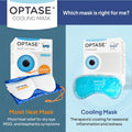 Split image shows two Optase masks: the Moist Heat Mask on the left, with HydroCool™ Technology for dry eye relief and a sleek white/blue design, and the Cooling Mask on the right, utilizing advanced cooling therapy with a blue gel design. Text reads: Which mask is right for me?.