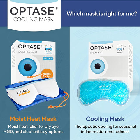 Split image shows two Optase masks: the Moist Heat Mask on the left, with HydroCool™ Technology for dry eye relief and a sleek white/blue design, and the Cooling Mask on the right, utilizing advanced cooling therapy with a blue gel design. Text reads: Which mask is right for me?.