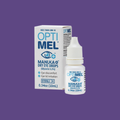 Two bottles of Melcares Optimel Manuka Eye Drops 0.2% on vibrant purple, emphasizing benefits for eye discomfort and irritation with ocular healing; each bottle is 0.34 oz (10 mL).